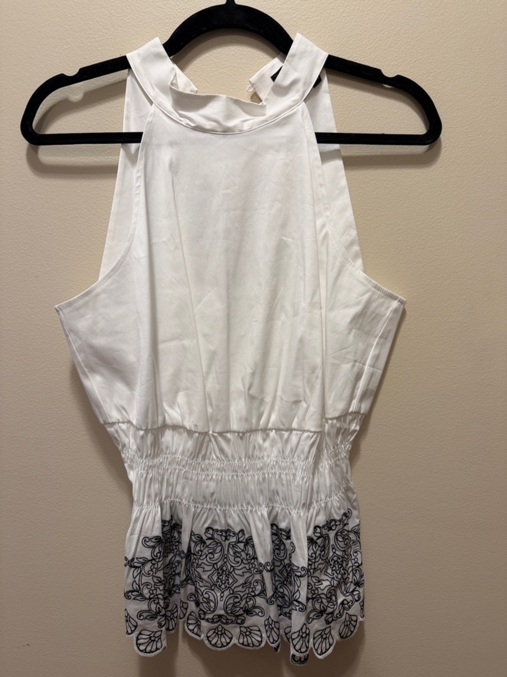 White House Black Market White Halter Top with Black Embroidered Hem